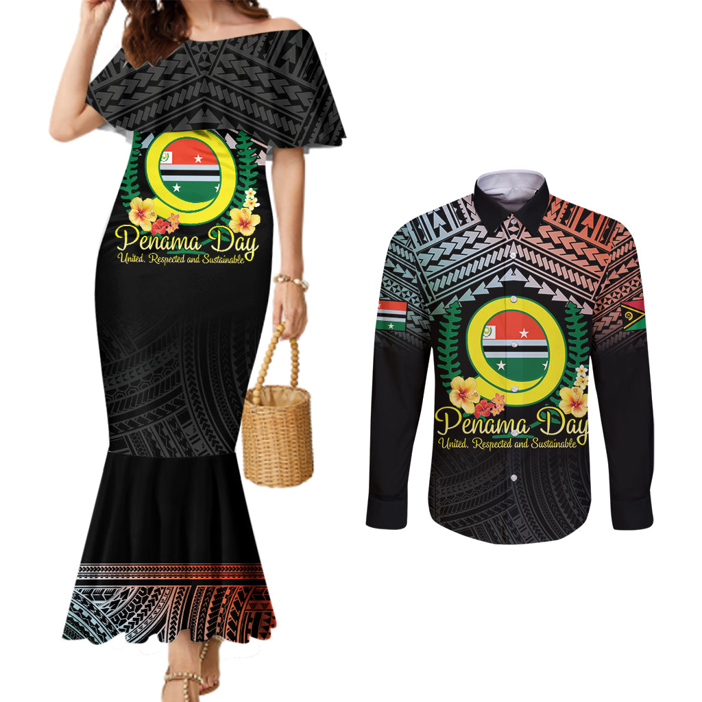 Personalised Penama Day Couples Matching Mermaid Dress and Long Sleeve Button Shirt Vanuatu Provinces Polynesian Pattern LT14 Black - Polynesian Pride