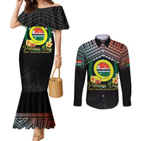 Personalised Penama Day Couples Matching Mermaid Dress and Long Sleeve Button Shirt Vanuatu Provinces Polynesian Pattern LT14 Black - Polynesian Pride