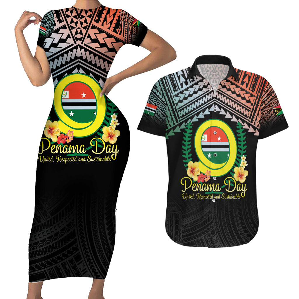 Personalised Penama Day Couples Matching Short Sleeve Bodycon Dress and Hawaiian Shirt Vanuatu Provinces Polynesian Pattern