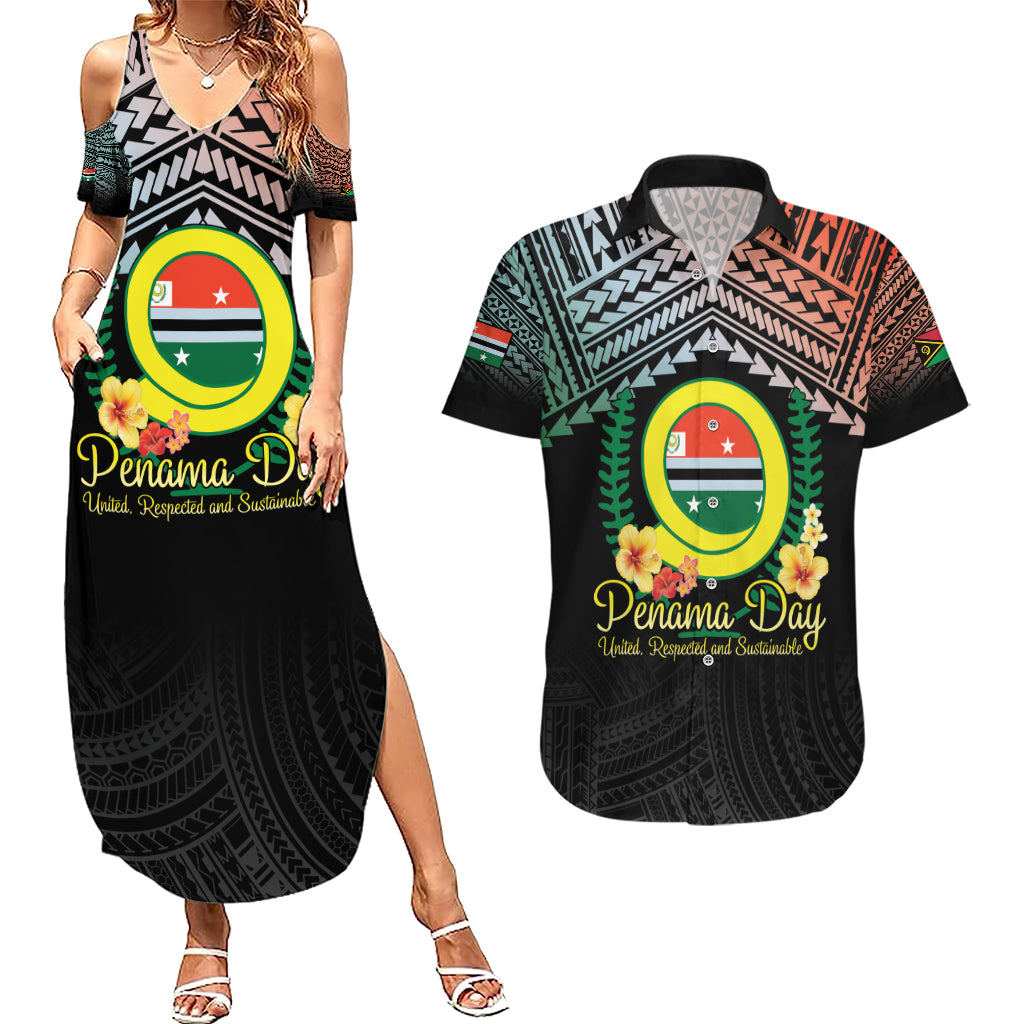 Personalised Penama Day Couples Matching Summer Maxi Dress and Hawaiian Shirt Vanuatu Provinces Polynesian Pattern LT14 Black - Polynesian Pride