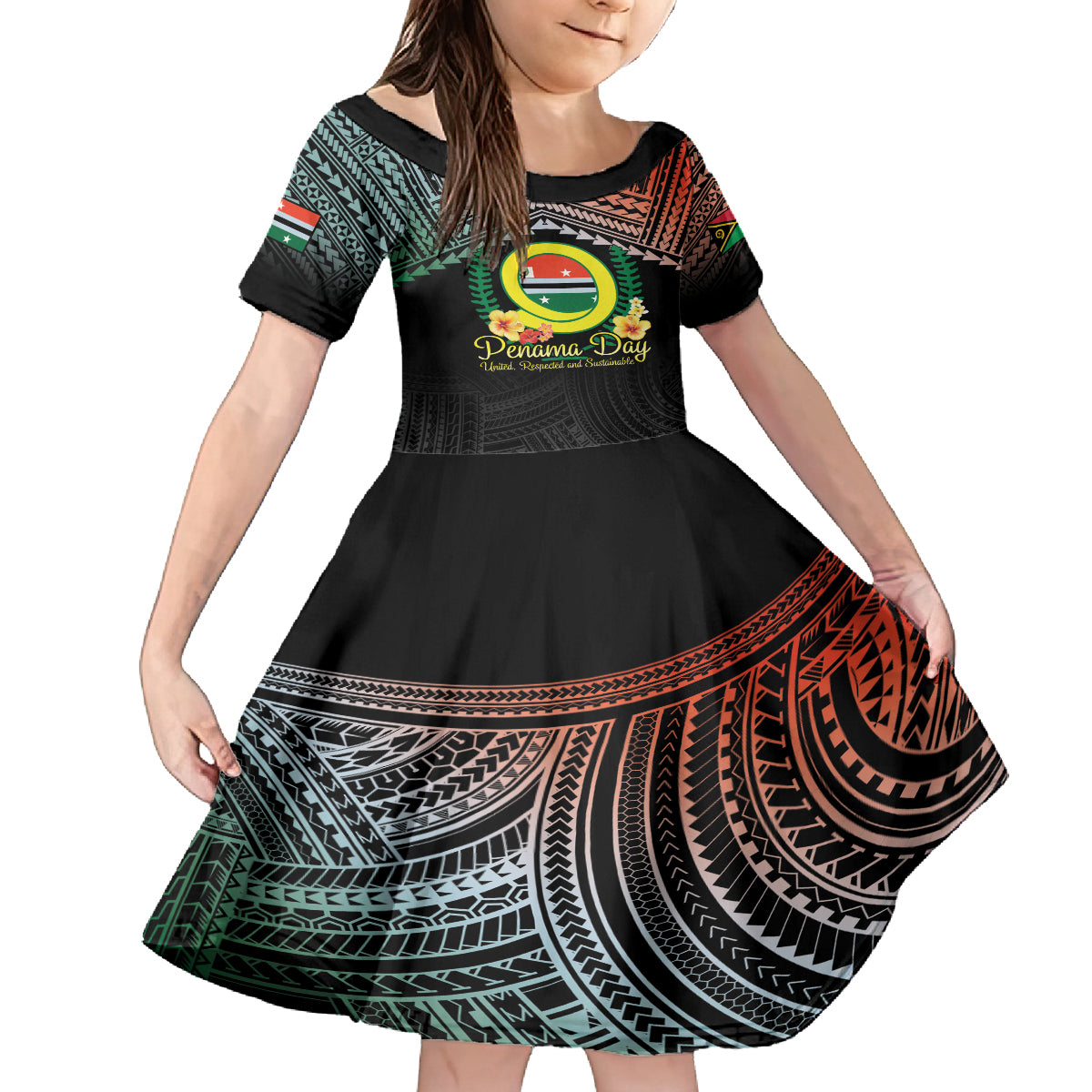Personalised Penama Day Family Matching Puletasi and Hawaiian Shirt Vanuatu Provinces Polynesian Pattern LT14 Daughter's Dress Black - Polynesian Pride