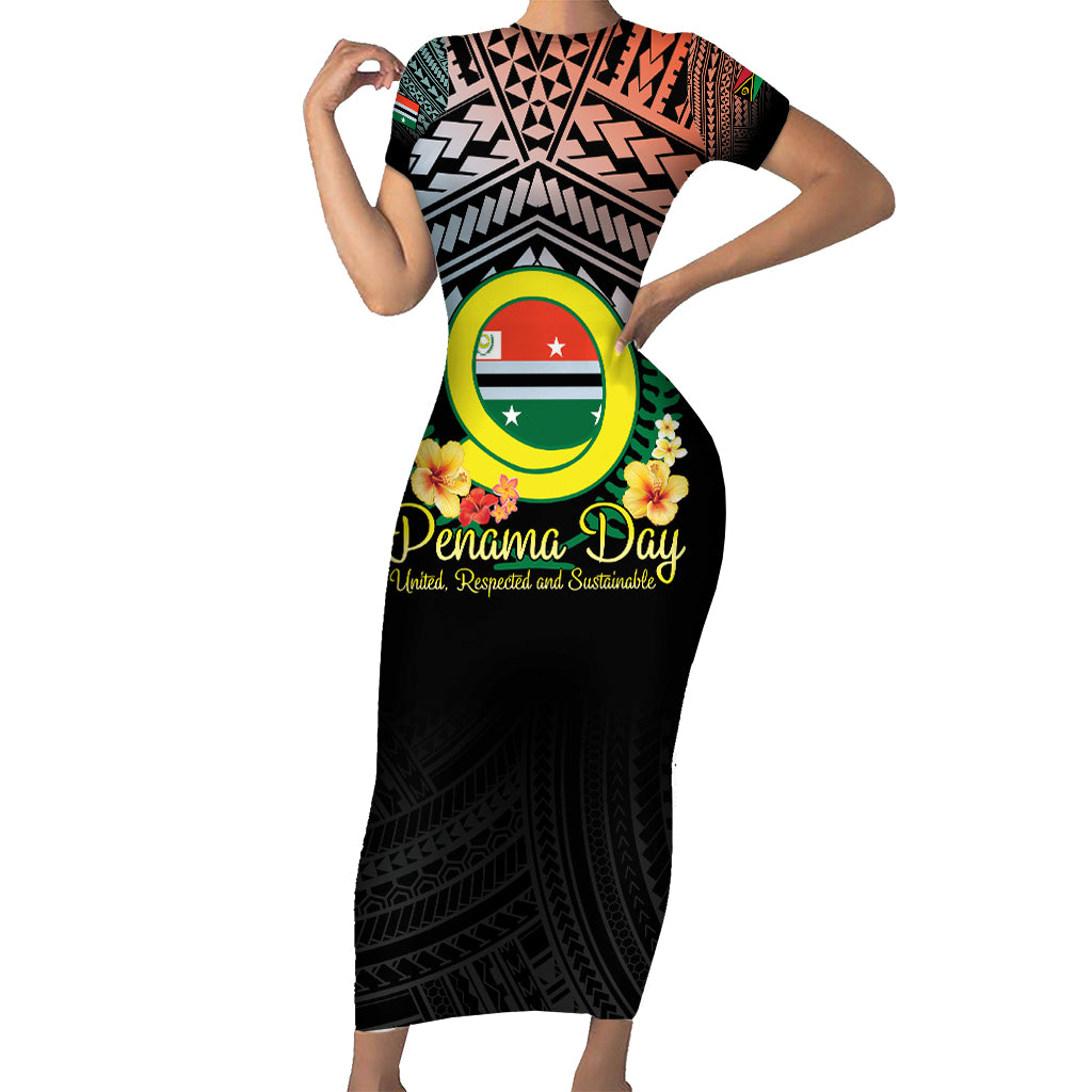 Personalised Penama Day Short Sleeve Bodycon Dress Vanuatu Provinces Polynesian Pattern LT14 Long Dress Black - Polynesian Pride