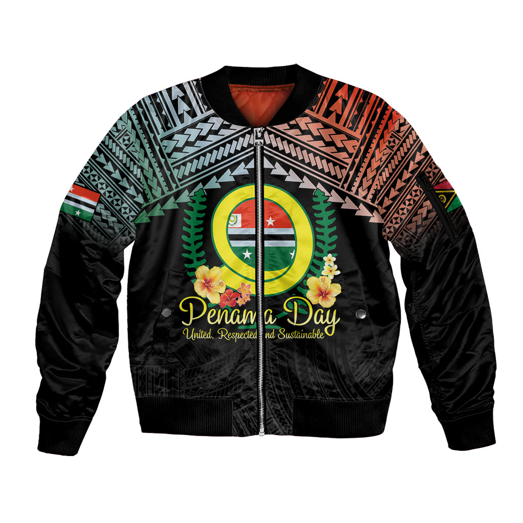 Personalised Penama Day Sleeve Zip Bomber Jacket Vanuatu Provinces Polynesian Pattern LT14 Unisex Black - Polynesian Pride