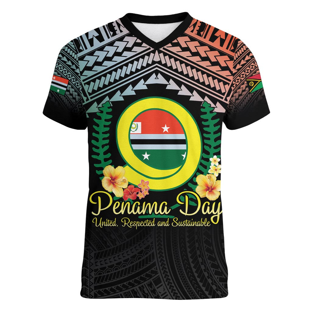 Personalised Penama Day Women V-Neck T-Shirt Vanuatu Provinces Polynesian Pattern