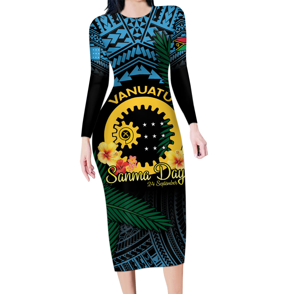 Personalised Sanma Day Long Sleeve Bodycon Dress Vanuatu Provinces Polynesian Pattern LT14 Long Dress Black - Polynesian Pride