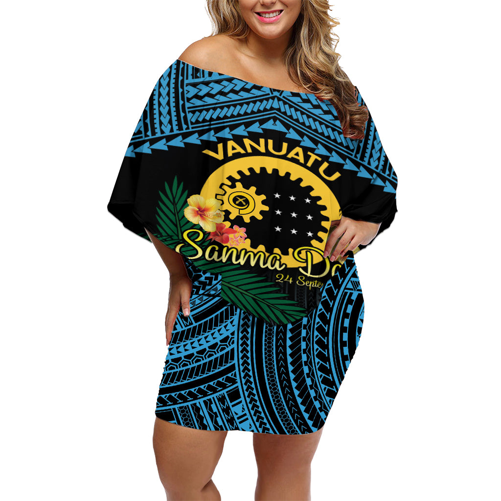 Personalised Sanma Day Off Shoulder Short Dress Vanuatu Provinces Polynesian Pattern LT14 Women Black - Polynesian Pride