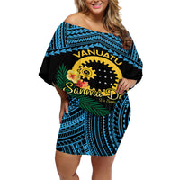 Personalised Sanma Day Off Shoulder Short Dress Vanuatu Provinces Polynesian Pattern LT14 Women Black - Polynesian Pride