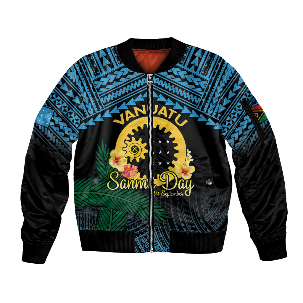 Personalised Sanma Day Sleeve Zip Bomber Jacket Vanuatu Provinces Polynesian Pattern LT14 Unisex Black - Polynesian Pride