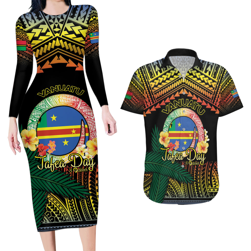 Personalised Tafea Day Couples Matching Long Sleeve Bodycon Dress and Hawaiian Shirt Vanuatu Provinces Polynesian Pattern LT14 Black - Polynesian Pride