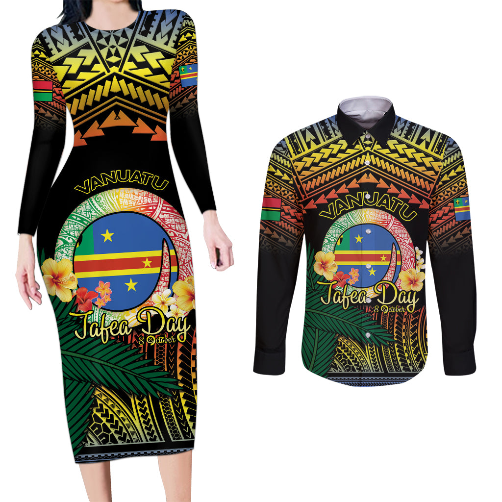 Personalised Tafea Day Couples Matching Long Sleeve Bodycon Dress and Long Sleeve Button Shirt Vanuatu Provinces Polynesian Pattern LT14 Black - Polynesian Pride