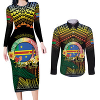 Personalised Tafea Day Couples Matching Long Sleeve Bodycon Dress and Long Sleeve Button Shirt Vanuatu Provinces Polynesian Pattern LT14 Black - Polynesian Pride