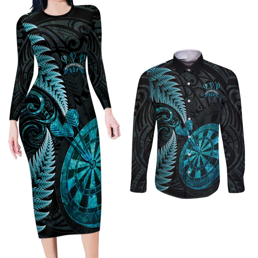 Personalised New Zealand Darts Couples Matching Long Sleeve Bodycon Dress and Long Sleeve Button Shirt Happiness Is A Tight Threesome Maori Paua Shell LT14 Turquoise - Polynesian Pride