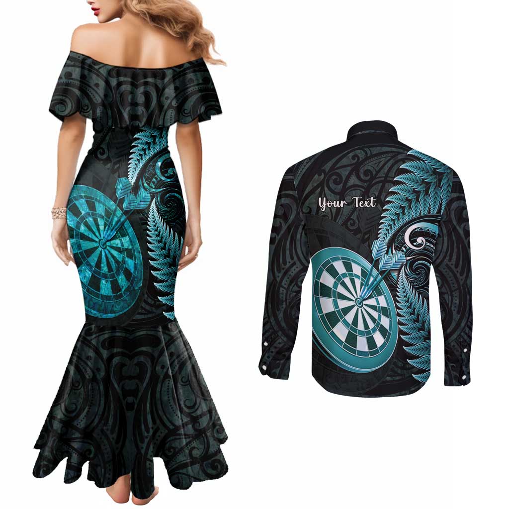 Personalised New Zealand Darts Couples Matching Mermaid Dress and Long Sleeve Button Shirt Happiness Is A Tight Threesome Maori Paua Shell LT14 - Polynesian Pride