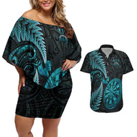 Personalised New Zealand Darts Couples Matching Off Shoulder Short Dress and Hawaiian Shirt Happiness Is A Tight Threesome Maori Paua Shell LT14 Turquoise - Polynesian Pride