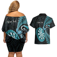 Personalised New Zealand Darts Couples Matching Off Shoulder Short Dress and Hawaiian Shirt Happiness Is A Tight Threesome Maori Paua Shell LT14 - Polynesian Pride