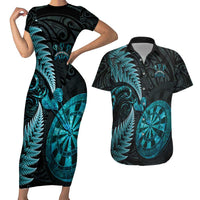 Personalised New Zealand Darts Couples Matching Short Sleeve Bodycon Dress and Hawaiian Shirt Happiness Is A Tight Threesome Maori Paua Shell LT14 Turquoise - Polynesian Pride