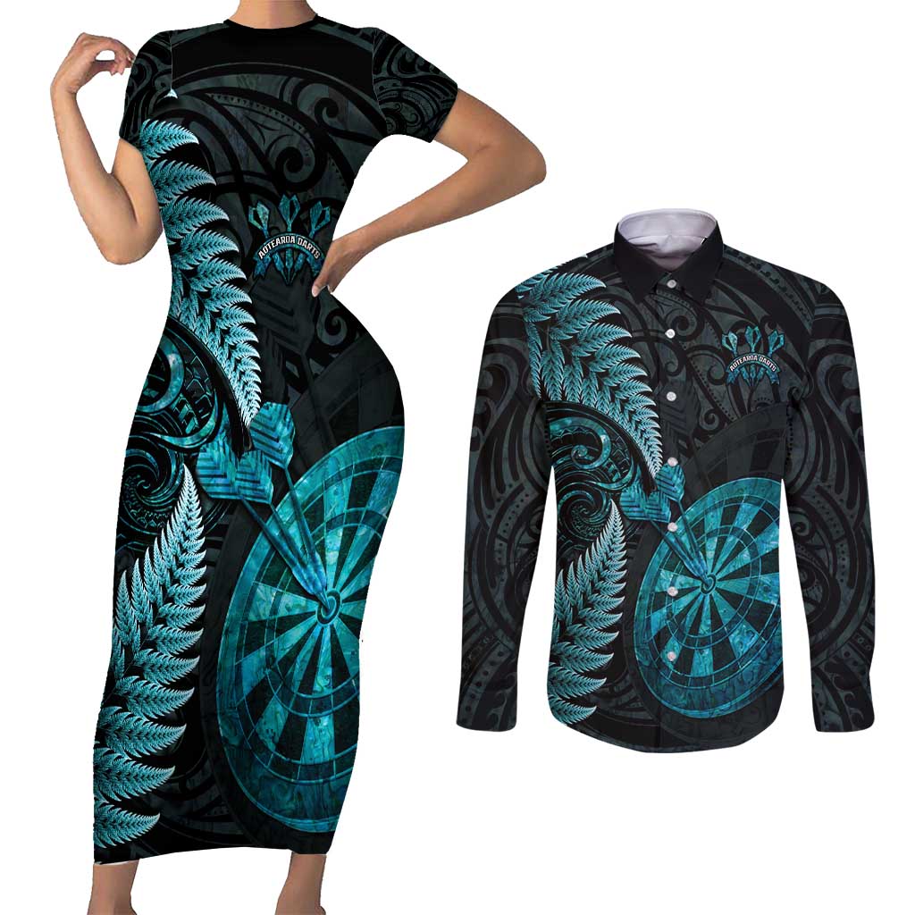 Personalised New Zealand Darts Couples Matching Short Sleeve Bodycon Dress and Long Sleeve Button Shirt Happiness Is A Tight Threesome Maori Paua Shell