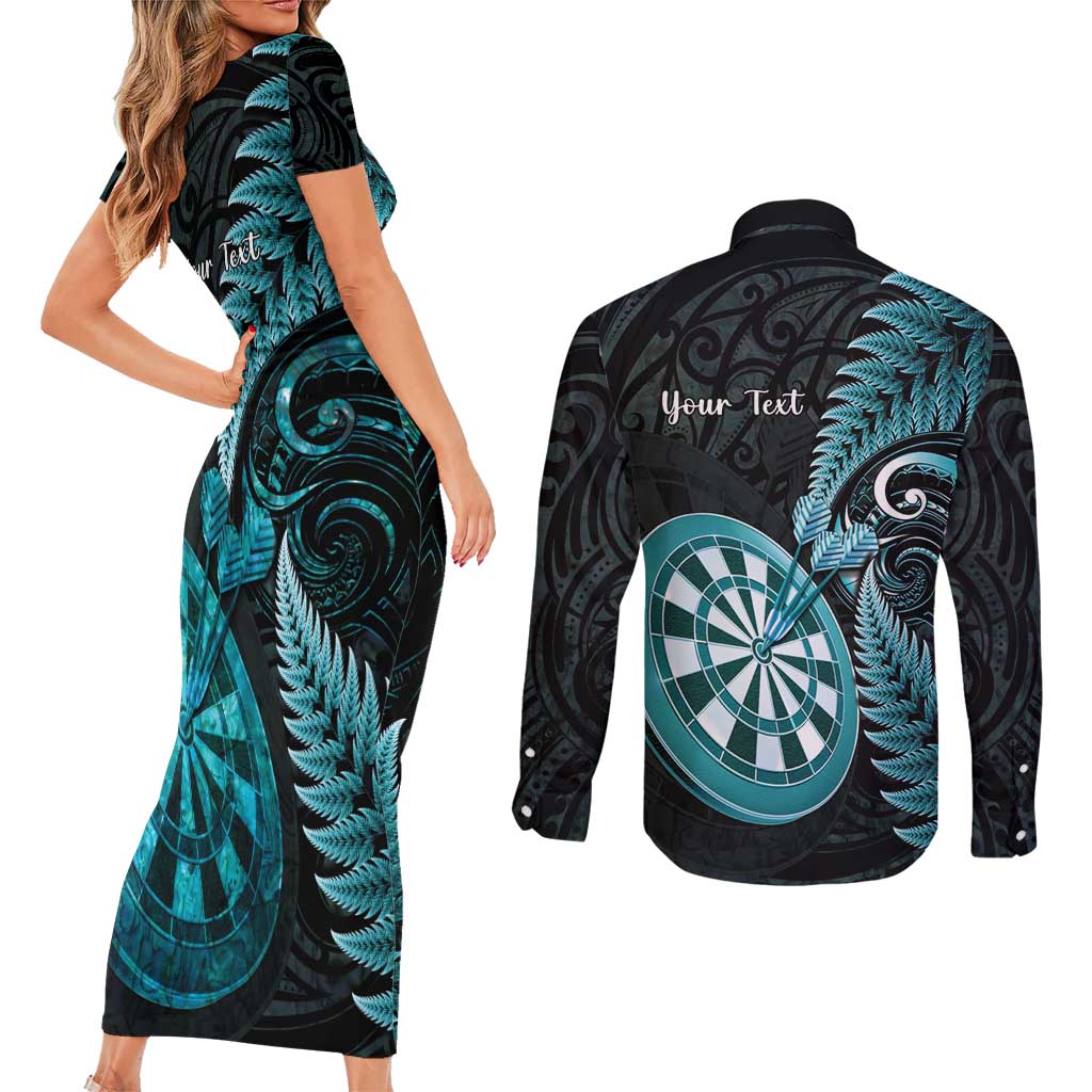 Personalised New Zealand Darts Couples Matching Short Sleeve Bodycon Dress and Long Sleeve Button Shirt Happiness Is A Tight Threesome Maori Paua Shell LT14 - Polynesian Pride