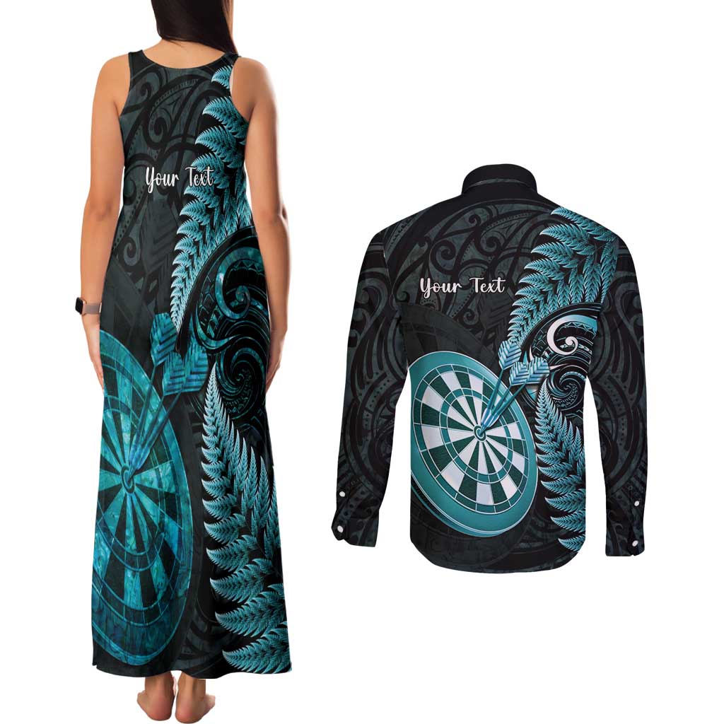 Personalised New Zealand Darts Couples Matching Tank Maxi Dress and Long Sleeve Button Shirt Happiness Is A Tight Threesome Maori Paua Shell LT14 - Polynesian Pride