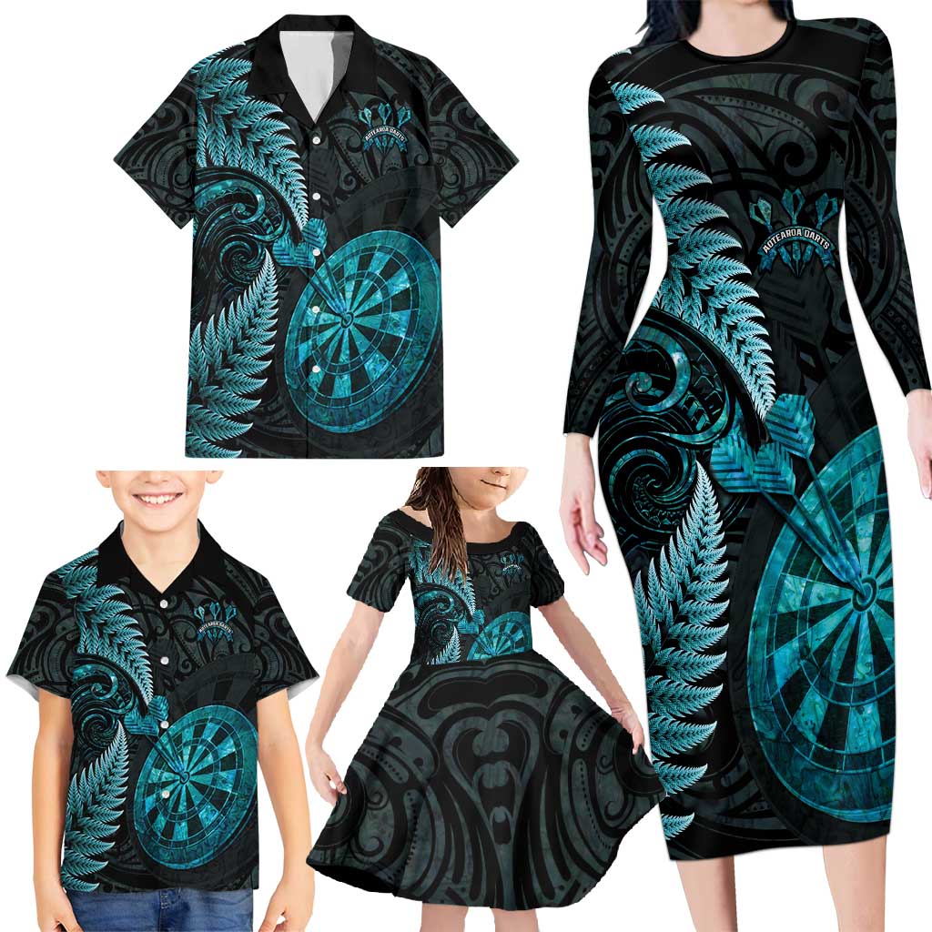 Personalised New Zealand Darts Family Matching Long Sleeve Bodycon Dress and Hawaiian Shirt Happiness Is A Tight Threesome Maori Paua Shell