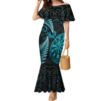 Personalised New Zealand Darts Family Matching Mermaid Dress and Hawaiian Shirt Happiness Is A Tight Threesome Maori Paua Shell LT14 Mom's Dress Turquoise - Polynesian Pride