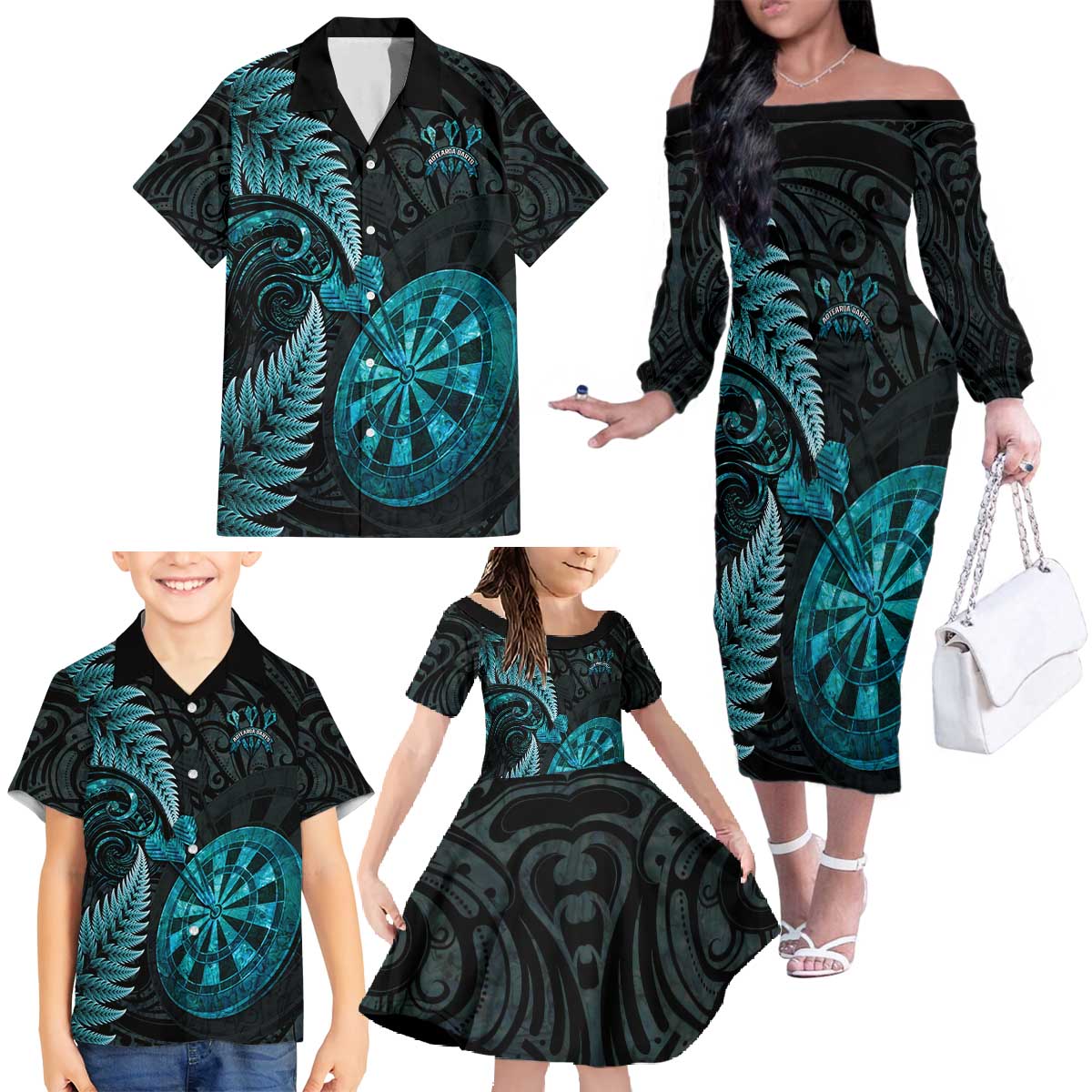 Personalised New Zealand Darts Family Matching Off The Shoulder Long Sleeve Dress and Hawaiian Shirt Happiness Is A Tight Threesome Maori Paua Shell
