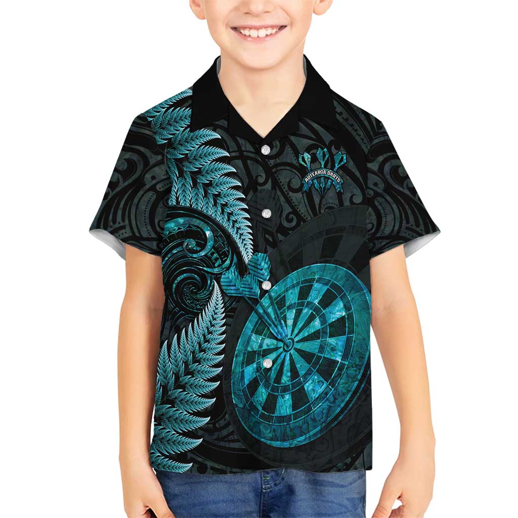 Personalised New Zealand Darts Family Matching Off Shoulder Maxi Dress and Hawaiian Shirt Happiness Is A Tight Threesome Maori Paua Shell LT14 Son's Shirt Turquoise - Polynesian Pride