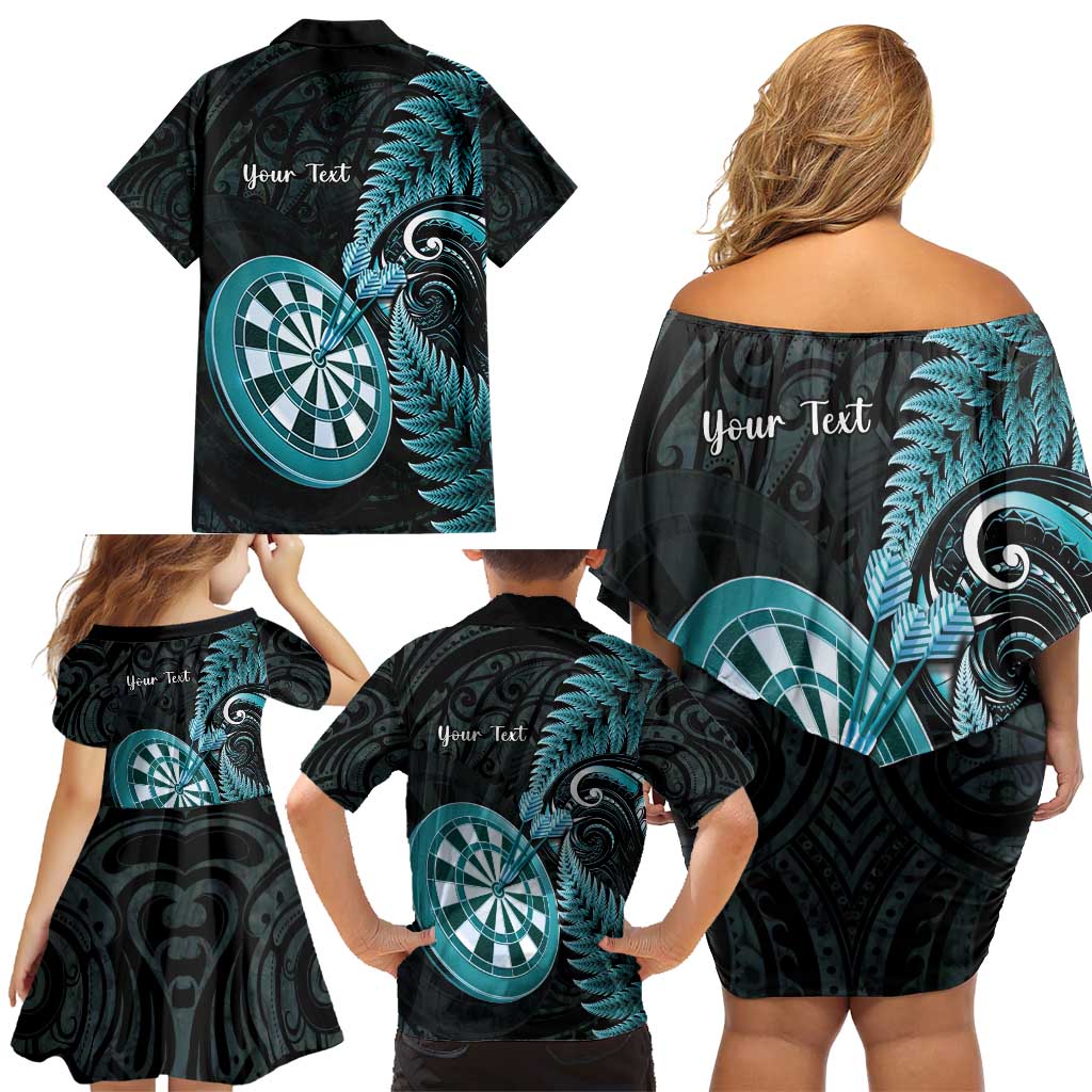 Personalised New Zealand Darts Family Matching Off Shoulder Short Dress and Hawaiian Shirt Happiness Is A Tight Threesome Maori Paua Shell LT14 - Polynesian Pride