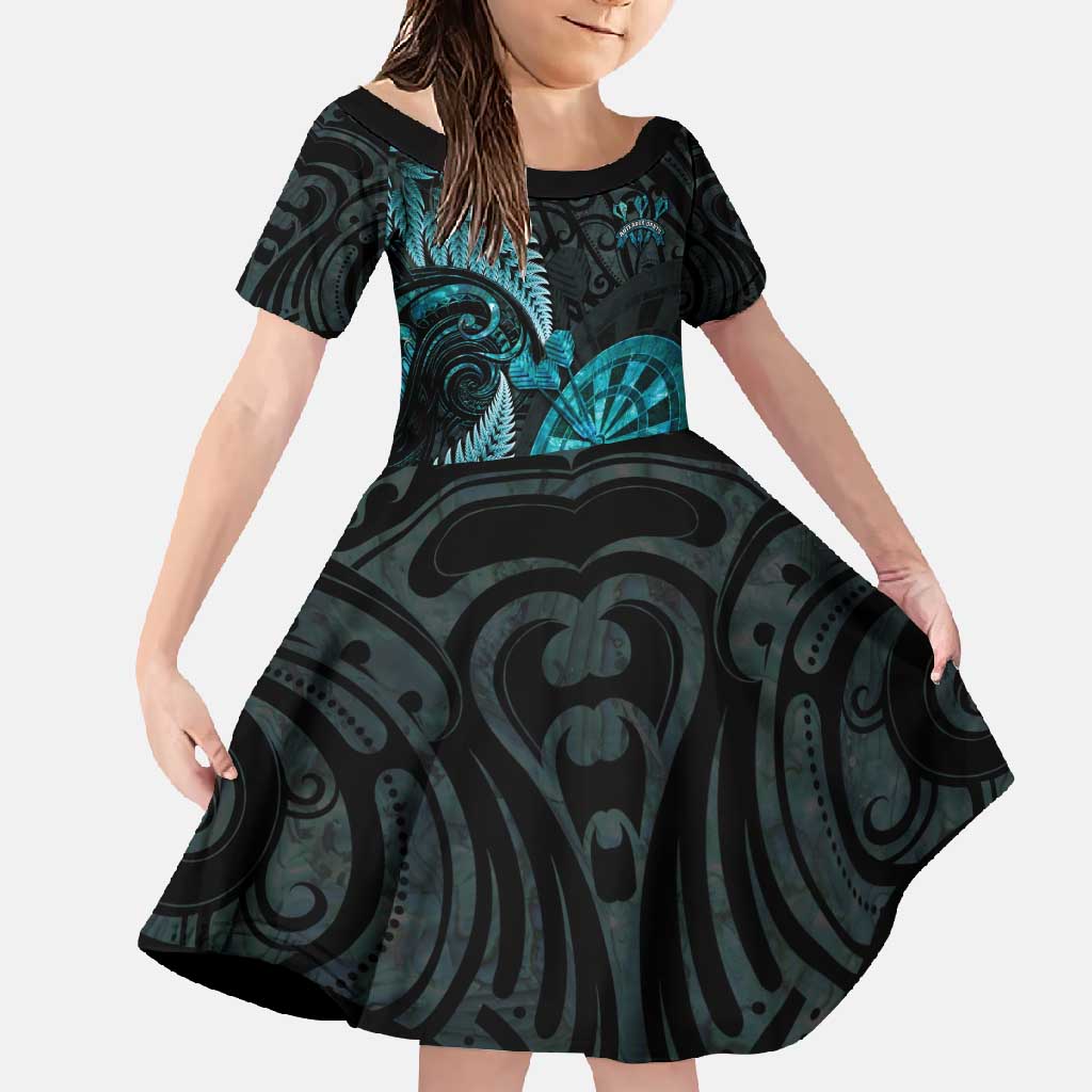 Personalised New Zealand Darts Family Matching Summer Maxi Dress and Hawaiian Shirt Happiness Is A Tight Threesome Maori Paua Shell LT14 Daughter's Dress Turquoise - Polynesian Pride