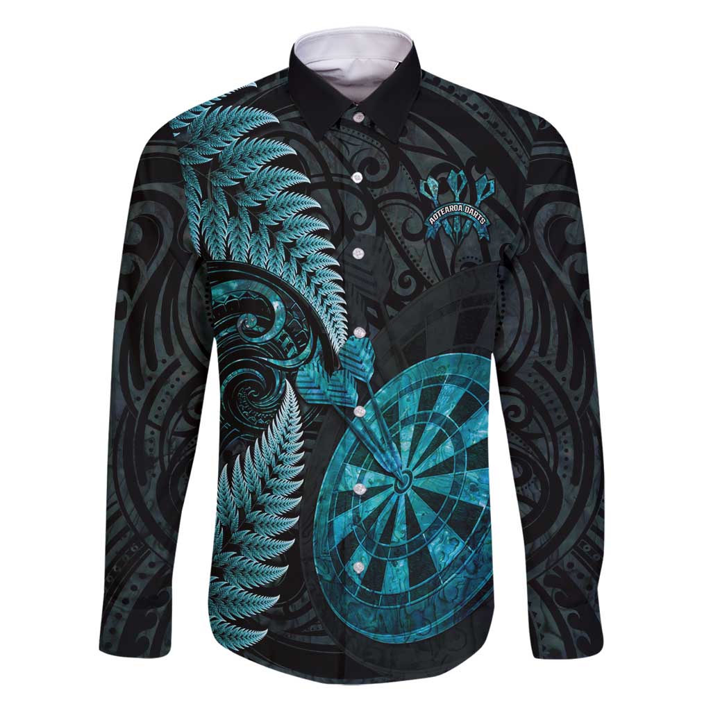 Personalised New Zealand Darts Family Matching Summer Maxi Dress and Hawaiian Shirt Happiness Is A Tight Threesome Maori Paua Shell LT14 Dad's Shirt - Long Sleeve Turquoise - Polynesian Pride