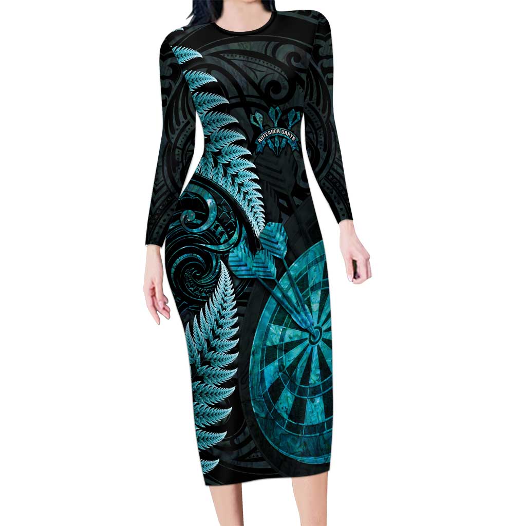 Personalised New Zealand Darts Long Sleeve Bodycon Dress Happiness Is A Tight Threesome Maori Paua Shell