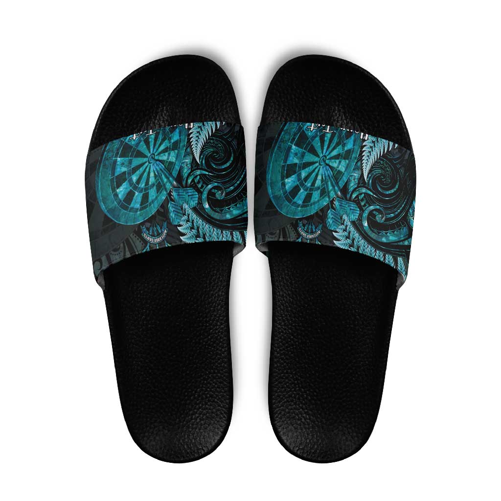 Personalised New Zealand Darts Slide Sandals Happiness Is A Tight Threesome Maori Paua Shell - Polynesian Pride