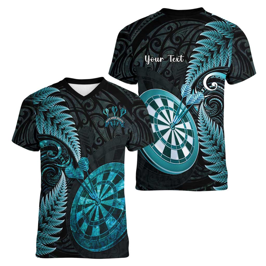 Personalised New Zealand Darts Women V-Neck T-Shirt Happiness Is A Tight Threesome Maori Paua Shell LT14 - Polynesian Pride