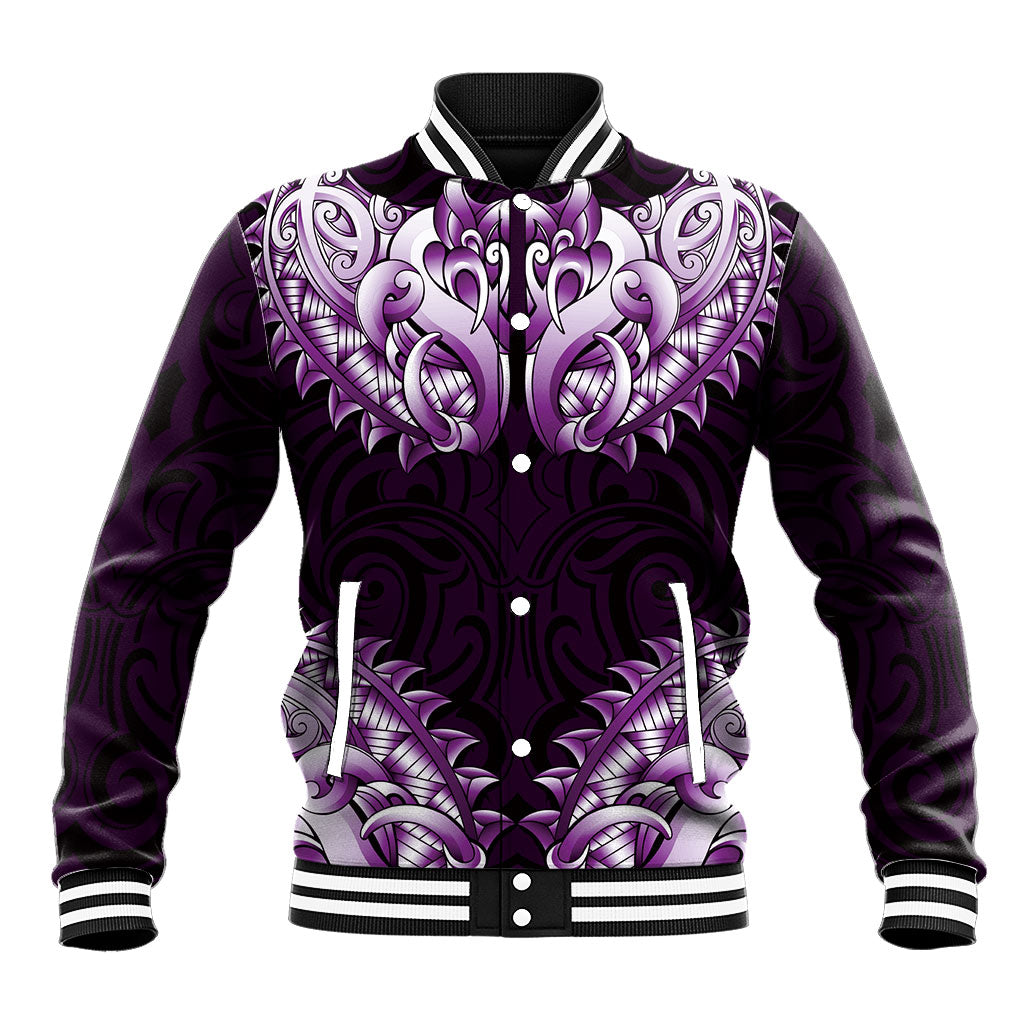 New Zealand Ta Moko Baseball Jacket Aotearoa Maori Chest Tattoo Purple LT14 Unisex Purple - Polynesian Pride