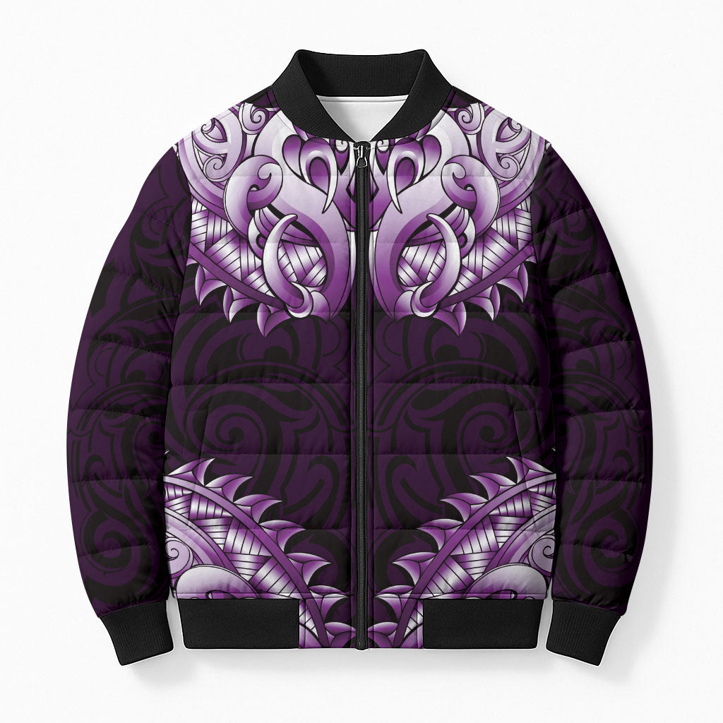 New Zealand Ta Moko Bomber Puffer Jacket Aotearoa Maori Chest Tattoo Purple LT14 Unisex Purple - Polynesian Pride