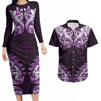 New Zealand Ta Moko Couples Matching Long Sleeve Bodycon Dress and Hawaiian Shirt Aotearoa Maori Chest Tattoo Purple LT14 Purple - Polynesian Pride