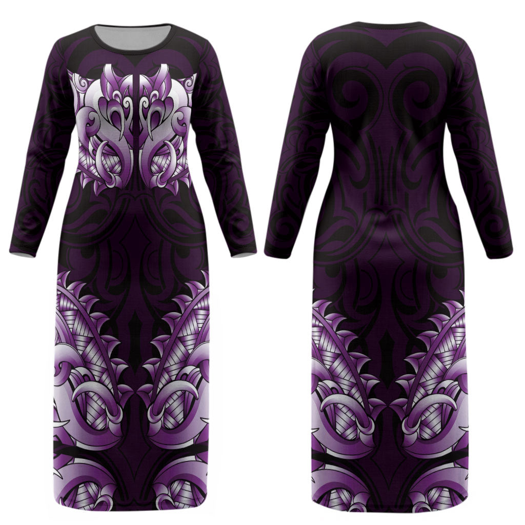 New Zealand Ta Moko Couples Matching Long Sleeve Bodycon Dress and Hawaiian Shirt Aotearoa Maori Chest Tattoo Purple LT14 - Polynesian Pride