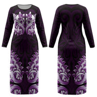 New Zealand Ta Moko Couples Matching Long Sleeve Bodycon Dress and Hawaiian Shirt Aotearoa Maori Chest Tattoo Purple LT14 - Polynesian Pride