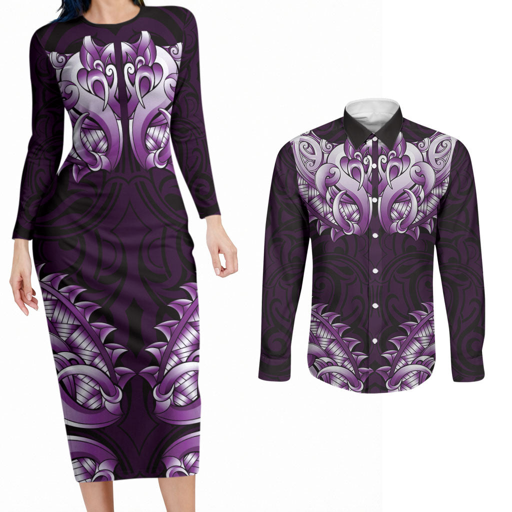New Zealand Ta Moko Couples Matching Long Sleeve Bodycon Dress and Long Sleeve Button Shirt Aotearoa Maori Chest Tattoo Purple LT14 Purple - Polynesian Pride