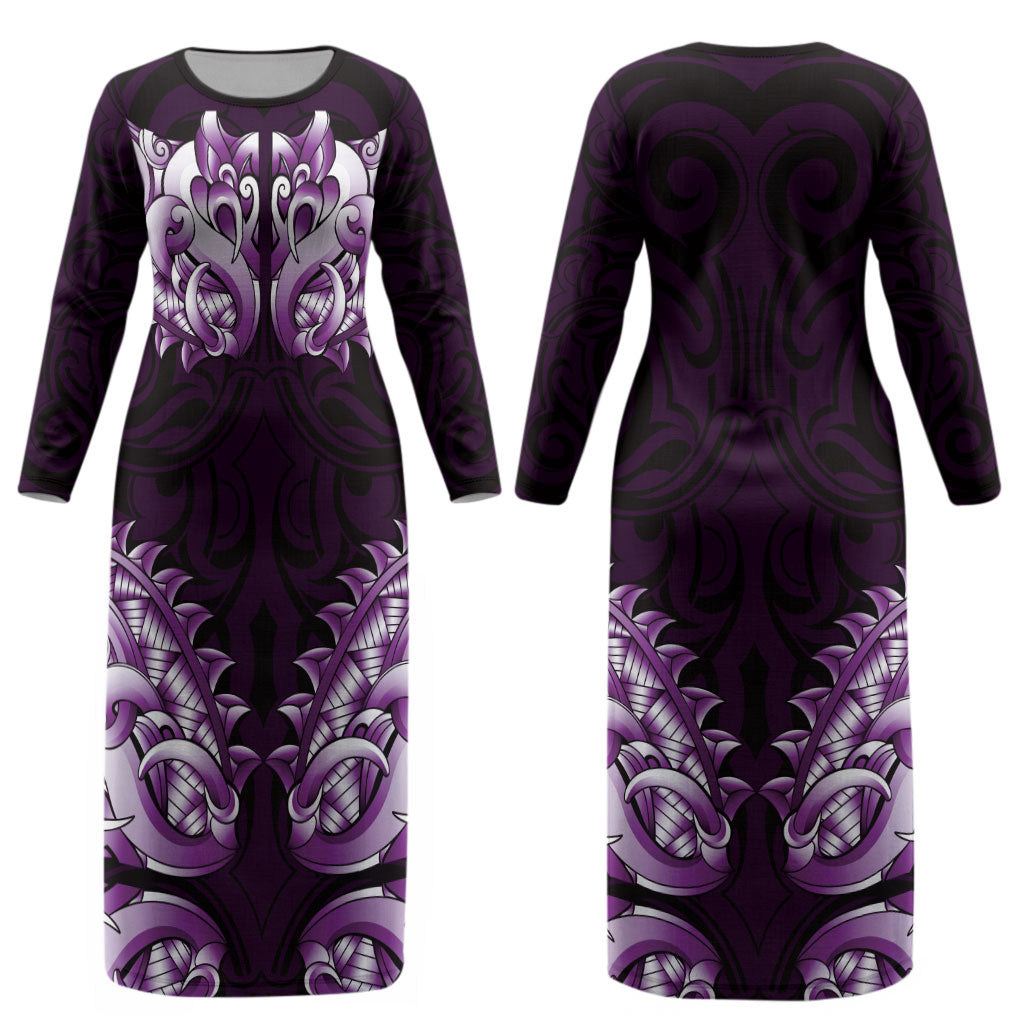 New Zealand Ta Moko Couples Matching Long Sleeve Bodycon Dress and Long Sleeve Button Shirt Aotearoa Maori Chest Tattoo Purple LT14 - Polynesian Pride