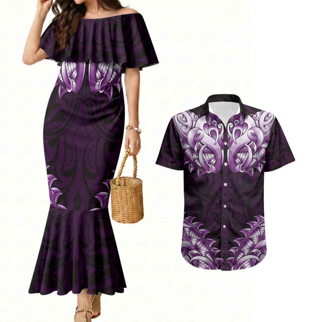 New Zealand Ta Moko Couples Matching Mermaid Dress and Hawaiian Shirt Aotearoa Maori Chest Tattoo Purple LT14 Purple - Polynesian Pride