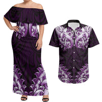 New Zealand Ta Moko Couples Matching Off Shoulder Maxi Dress and Hawaiian Shirt Aotearoa Maori Chest Tattoo Purple LT14 Purple - Polynesian Pride