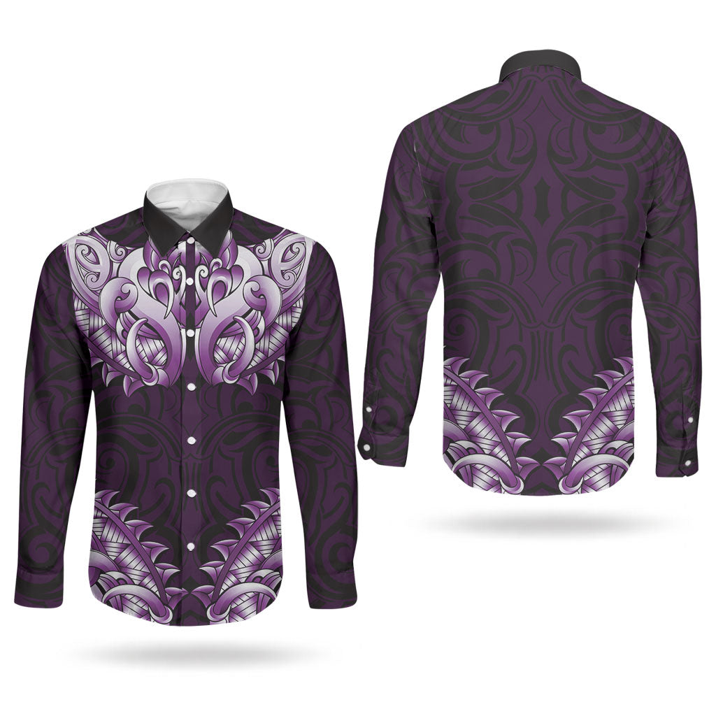 New Zealand Ta Moko Couples Matching Off Shoulder Maxi Dress and Long Sleeve Button Shirt Aotearoa Maori Chest Tattoo Purple LT14 - Polynesian Pride