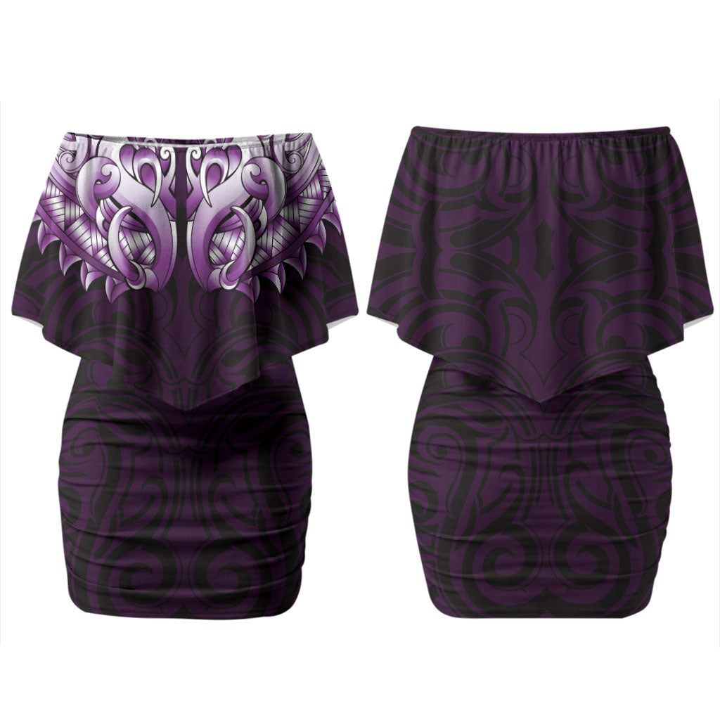 New Zealand Ta Moko Couples Matching Off Shoulder Short Dress and Hawaiian Shirt Aotearoa Maori Chest Tattoo Purple LT14 - Polynesian Pride
