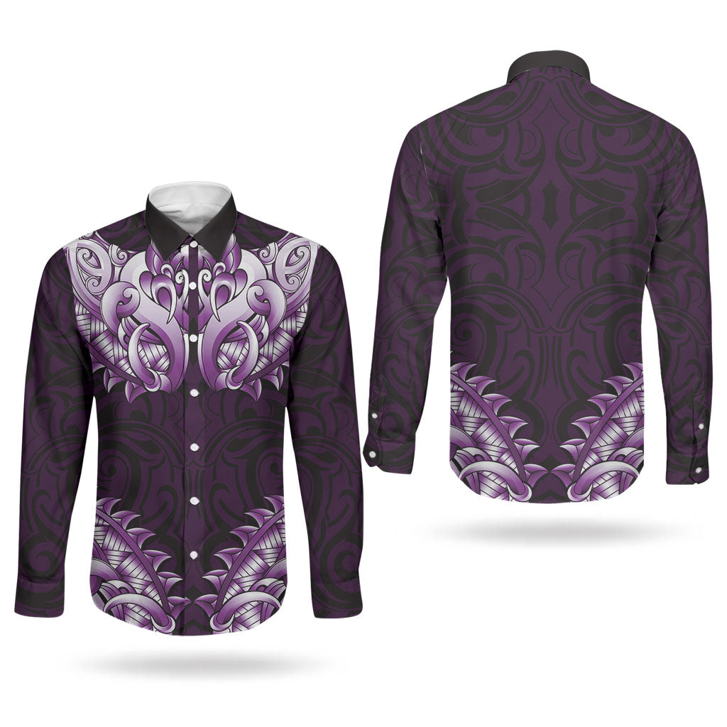 New Zealand Ta Moko Couples Matching Off Shoulder Short Dress and Long Sleeve Button Shirt Aotearoa Maori Chest Tattoo Purple LT14 - Polynesian Pride
