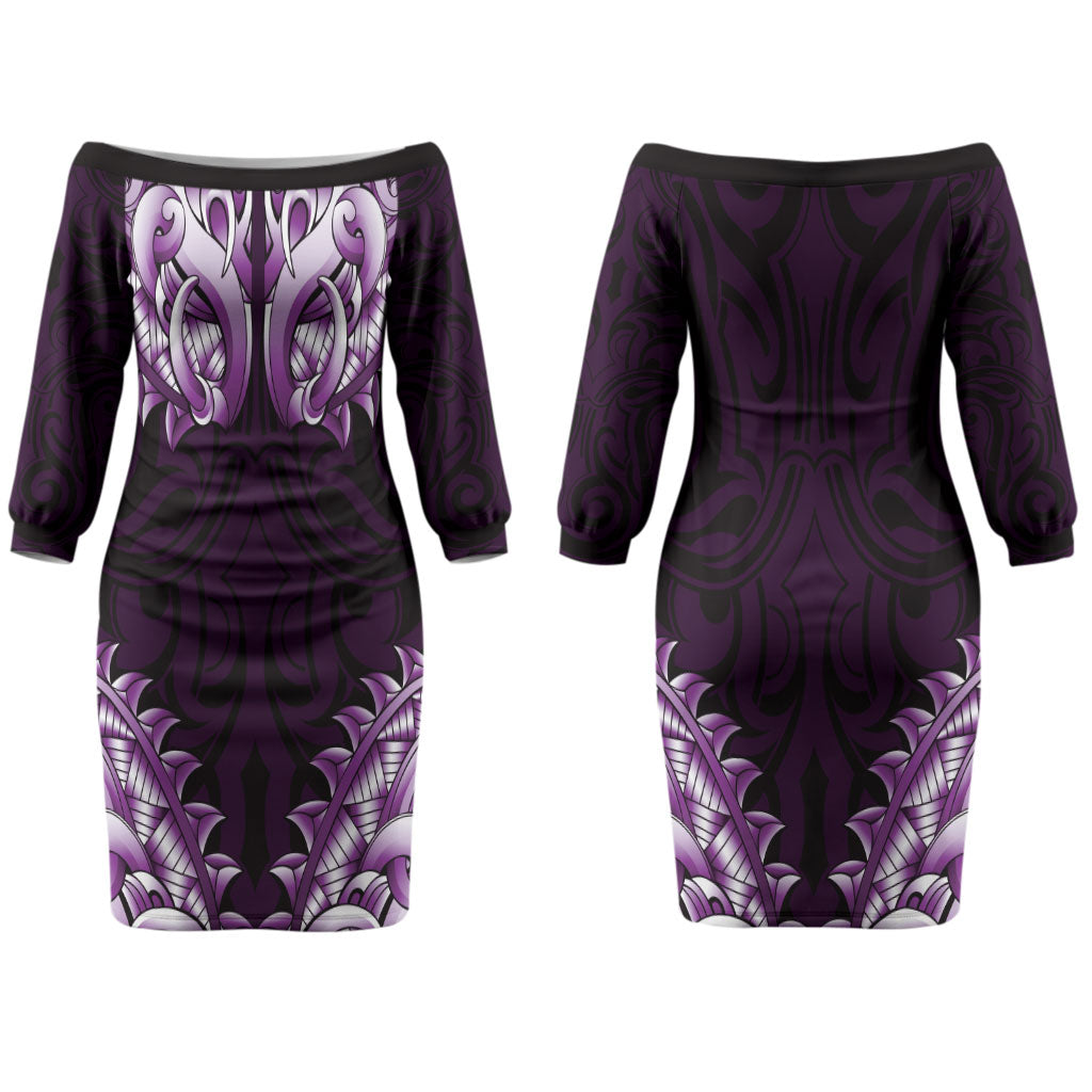 New Zealand Ta Moko Couples Matching Off The Shoulder Long Sleeve Dress and Hawaiian Shirt Aotearoa Maori Chest Tattoo Purple LT14 - Polynesian Pride