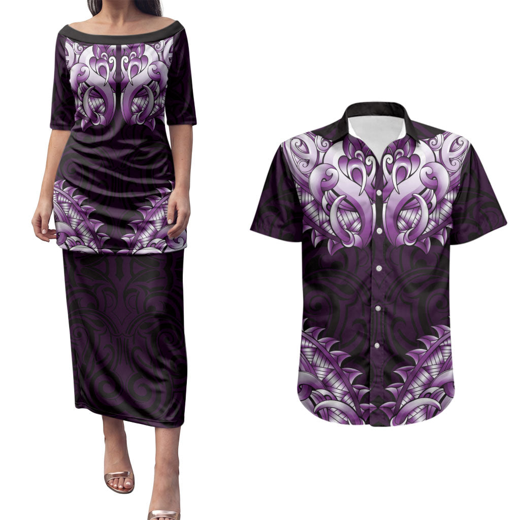 New Zealand Ta Moko Couples Matching Puletasi and Hawaiian Shirt Aotearoa Maori Chest Tattoo Purple LT14 Purple - Polynesian Pride