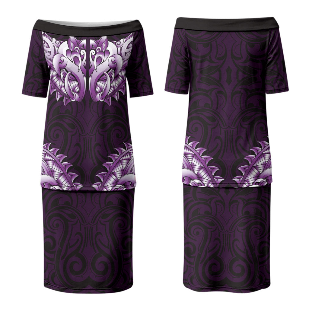 New Zealand Ta Moko Couples Matching Puletasi and Hawaiian Shirt Aotearoa Maori Chest Tattoo Purple LT14 - Polynesian Pride