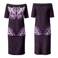 New Zealand Ta Moko Couples Matching Puletasi and Long Sleeve Button Shirt Aotearoa Maori Chest Tattoo Purple LT14 - Polynesian Pride