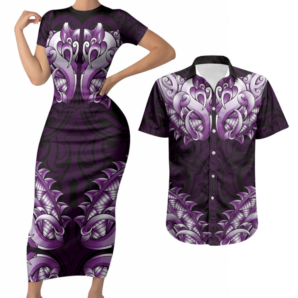 New Zealand Ta Moko Couples Matching Short Sleeve Bodycon Dress and Hawaiian Shirt Aotearoa Maori Chest Tattoo Purple LT14 Purple - Polynesian Pride